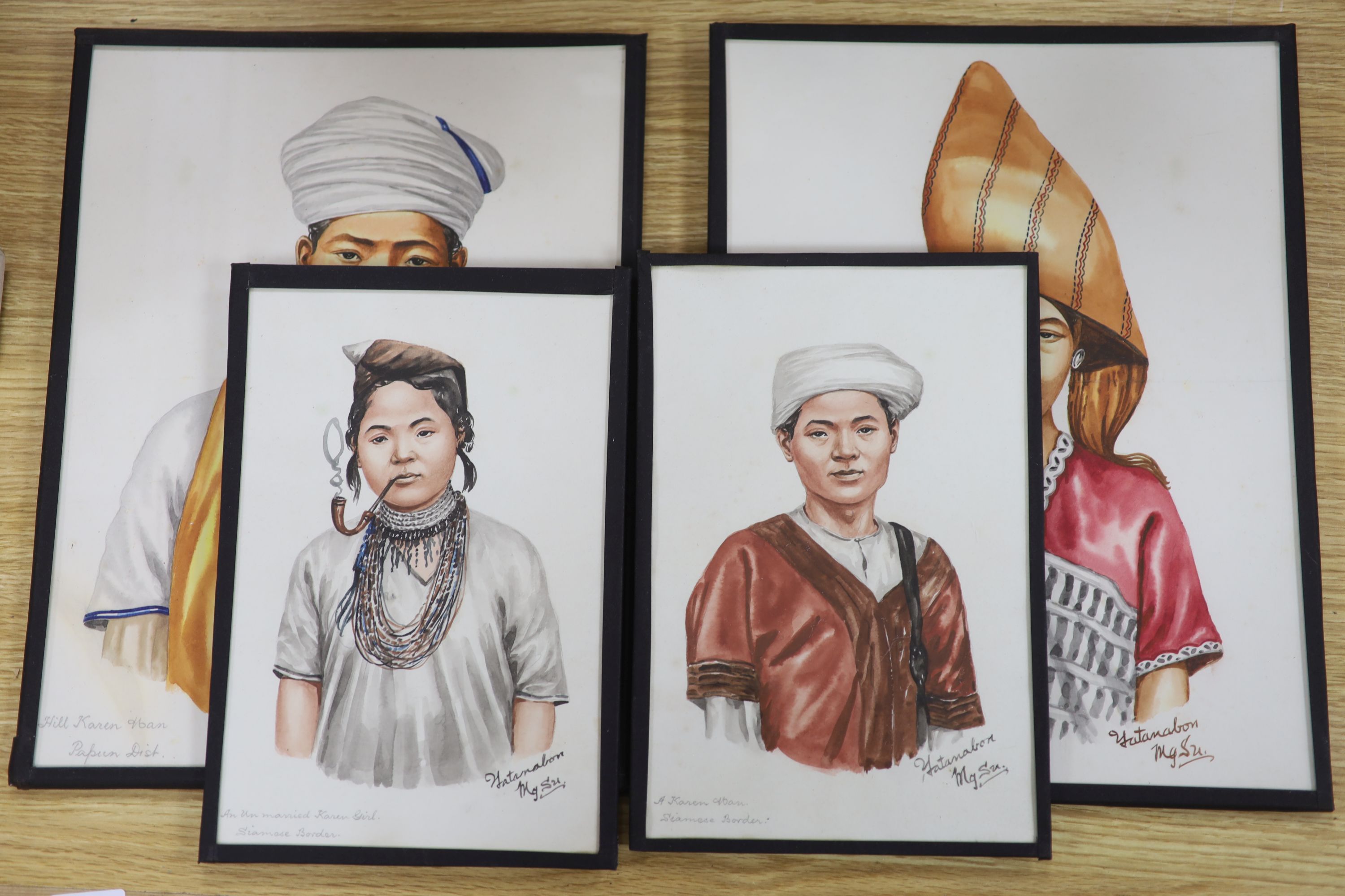 Mgsu Yatanabon, two pairs of watercolours, Portraits of Hill Karen men and women, signed, 32 x 24cm and 24 x 15cm